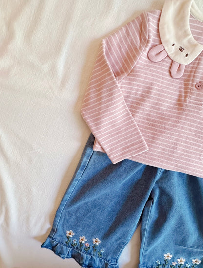 Rabbit Collar Striped Long Sleeve Top